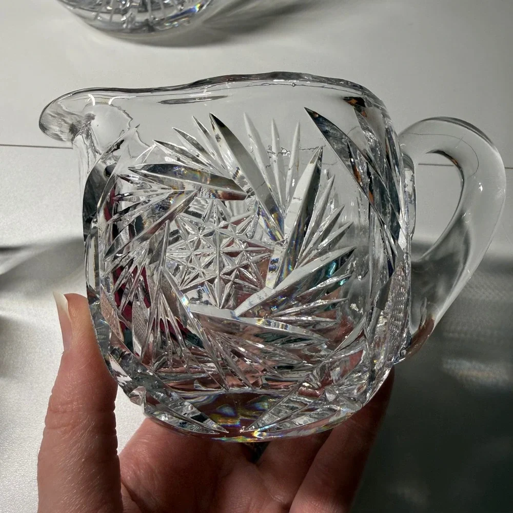American Brilliant Vintage Pinwheel Cut Crystal Decanter Set Creamer Sugar Bowl